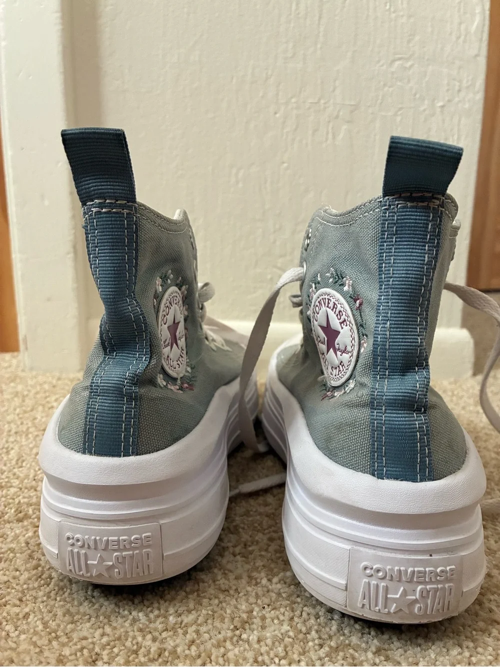 Converse Sage Green High-Top Platform Sneakers with Floral Patch kids size 3.5